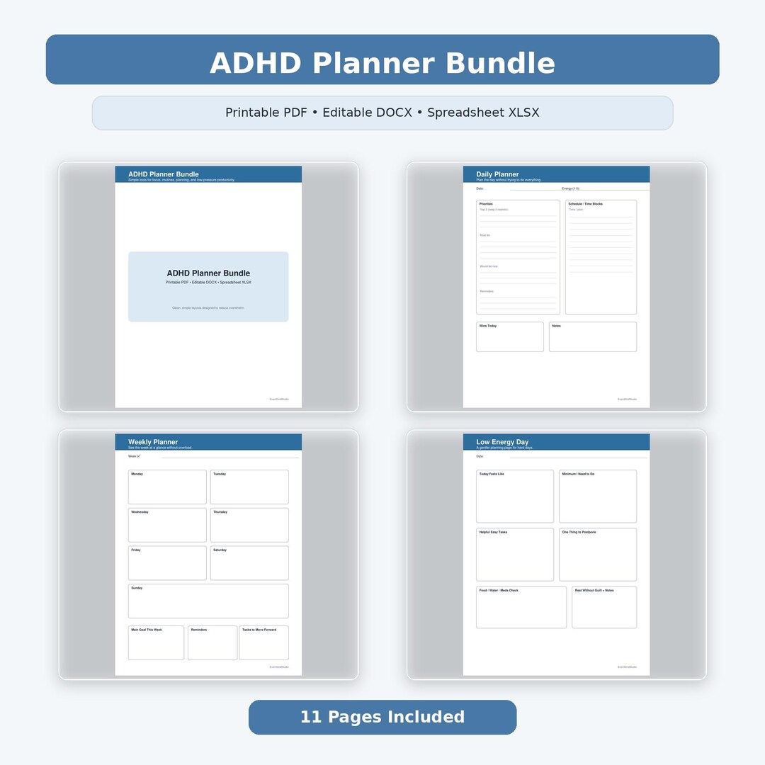 ADHD Planner Bundle Printable PDF Editable Docx Xlsx Daily Weekly - Etsy