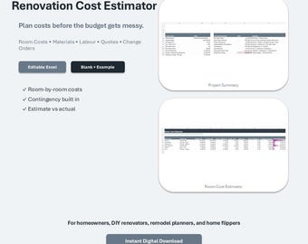 Foglio di calcolo per la stima dei costi di ristrutturazione della casa: Calcolatore di budget, materiali e manodopera per la ristrutturazione.