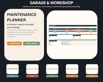 Pianificatore di manutenzione per officina, registro di manutenzione veicoli, foglio di calcolo per l'inventario degli attrezzi, tracciamento dei ricambi, registro delle riparazioni, pianificatore Excel