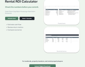Foglio di calcolo per il calcolo del ROI degli immobili in affitto: analisi del flusso di cassa, del tasso di capitalizzazione e degli investimenti.