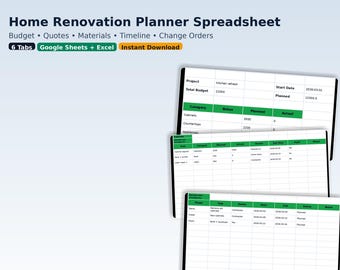 Home Renovation Planner Spreadsheet | Google Sheets & Excel