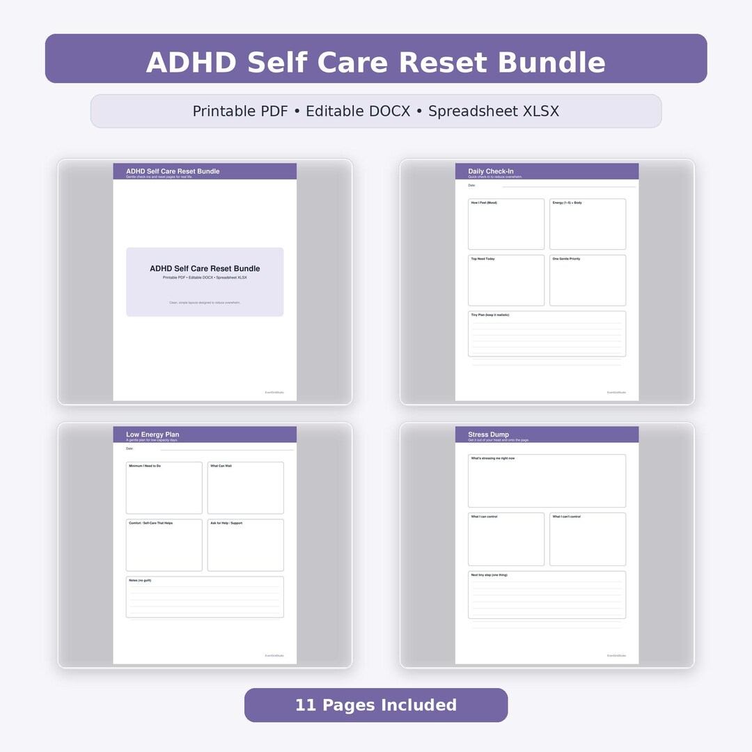 ADHD Self Care Reset Bundle Printable Editable PDF Docx Xlsx - Etsy