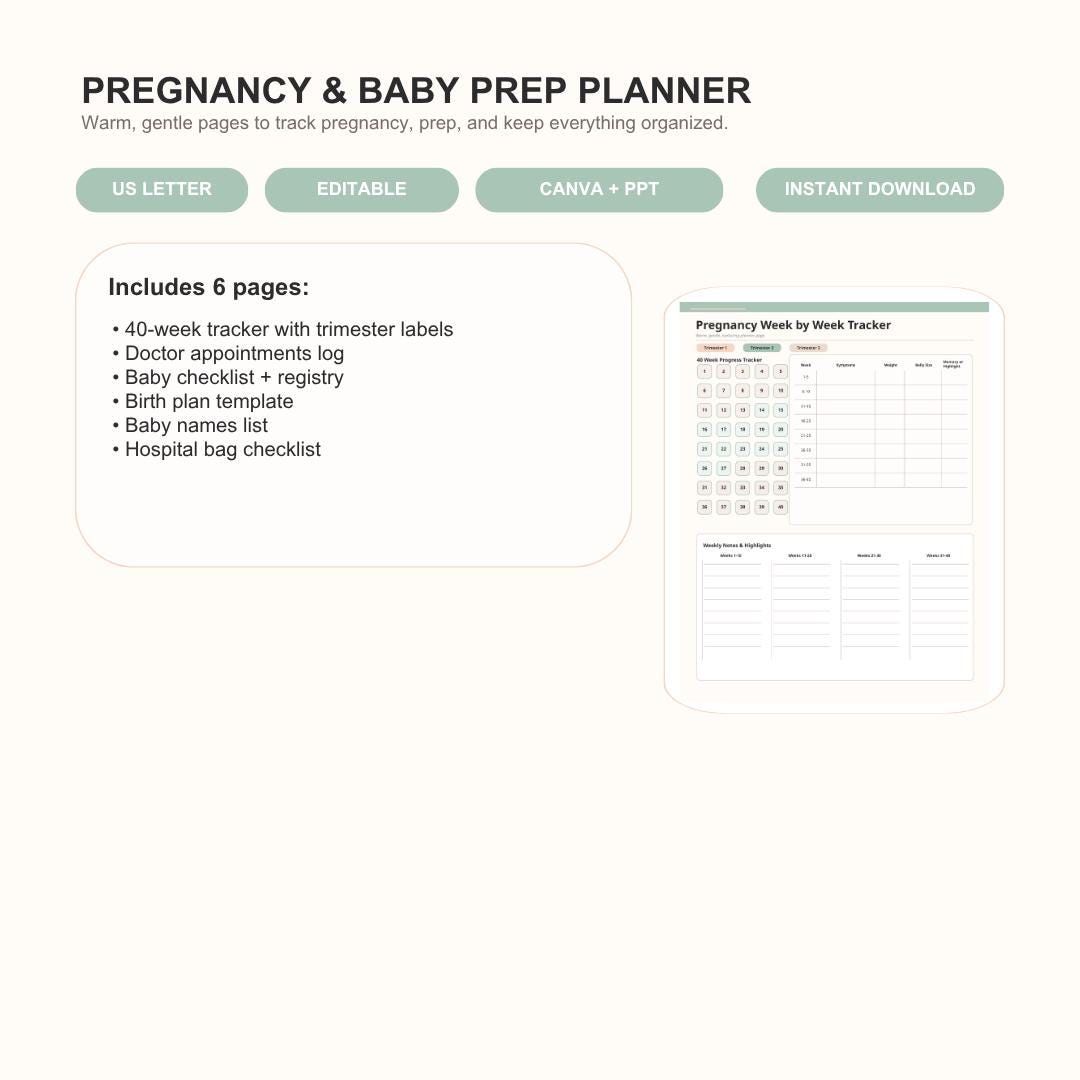 Pregnancy Planner Canva Template | Week Tracker, Birth Plan, Hospital ...