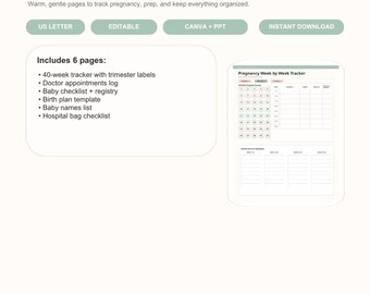 Pregnancy Planner Canva Template | Week Tracker, Birth Plan, Hospital Bag (Digital Download)