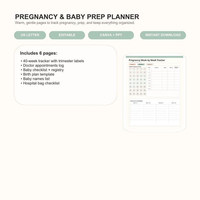 Pregnancy Planner Canva Template | Week Tracker, Birth Plan, Hospital ...