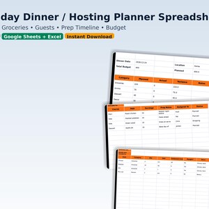 Op de afbeelding: Een digitale spreadsheet met de titel "Holiday Dinner / Hosting Planner" met tabbladen voor menu, boodschappen, gasten en budget. De spreadsheet is ontworpen voor Google Sheets en Excel en is direct te downloaden.
