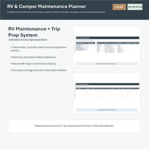 RV Maintenance Planner Spreadsheet, Camper Service Log, Trip Checklist & Campground Planner