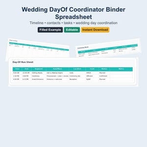 Könnte beinhalten: Eine digitale Hochzeitsplaner-Tabelle mit dem Titel "Wedding Day Of Coordinator Binder Spreadsheet". Die Tabelle enthält Abschnitte für Zeitplan, Kontakte und Aufgaben. Das Bild enthält auch den Text "Filled Example", "Editable" und "Instant Download".