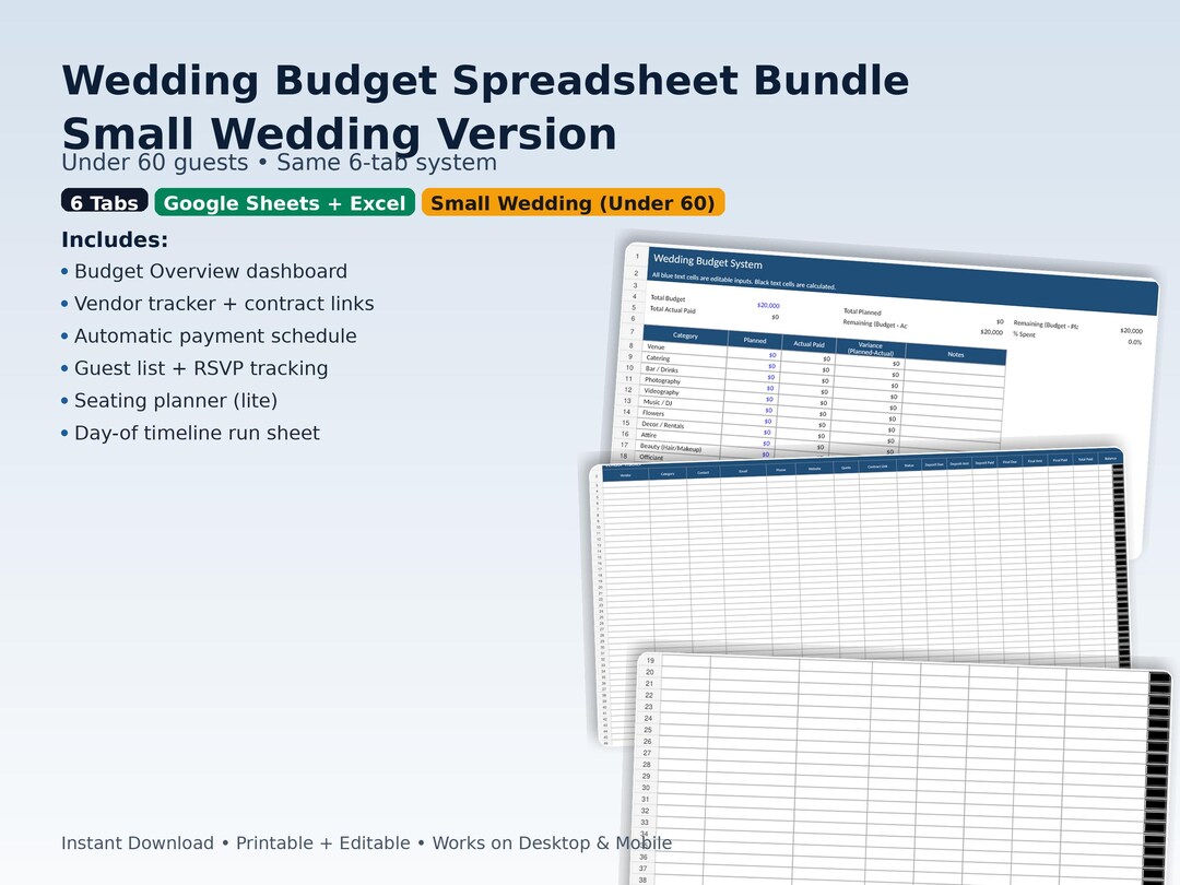 Small Wedding Budget Spreadsheet Template (under 60 Guests) | Google ...