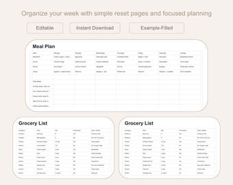 Weekly Meal Planner Spreadsheet, Grocery List and Meal Prep Template, Excel Digital Download