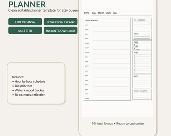 Daily Planner Template Canva | Hourly Schedule, Mood, Water Tracker (Digital Download)