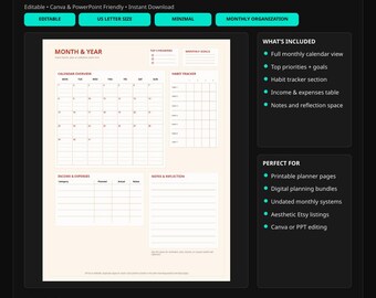 Monthly Planner Template | Calendar, Habit Tracker, Goals, Finances (Digital Download)