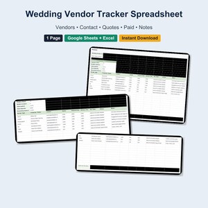 May include: Four digital tablets displaying a wedding vendor tracker spreadsheet. The spreadsheet includes sections for vendors, contact details, quotes, payments, and notes. The image text reads "Wedding Vendor Tracker Spreadsheet."