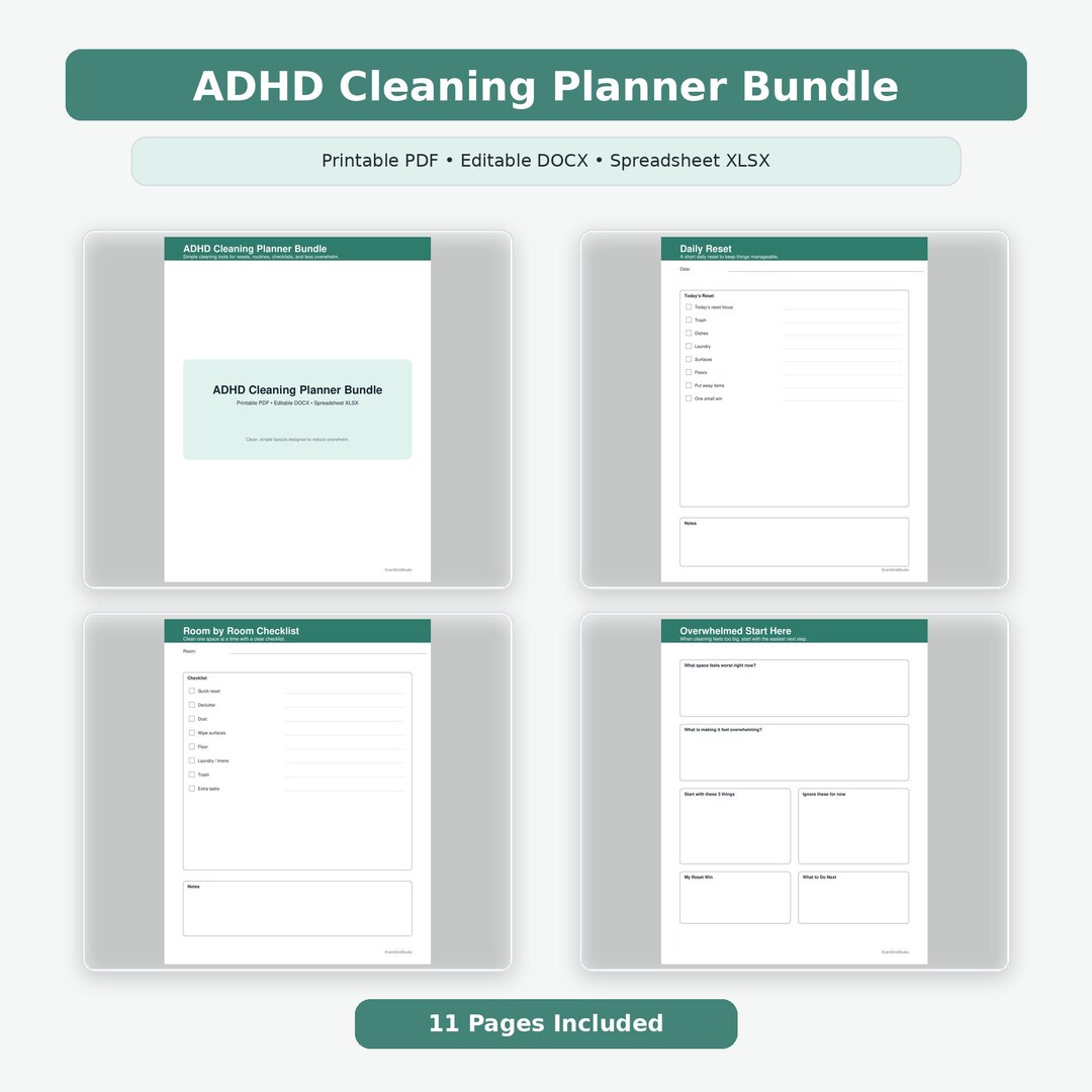 ADHD Cleaning Planner Bundle Printable PDF Editable Docx Xlsx Checklist