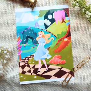 May include: A whimsical illustration of Alice from Alice in Wonderland standing on a chequered path. The background features a whimsical landscape with a cave, a tree, and a clock. The text "Drink Me" is visible on a signpost.