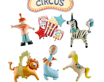 Vintage Circus Theme Balloons, Carnival Birthday Decor, Circus Carousel Animals Baby Shower, Lion, Seal, Zebra, Clown, Horse Popcorn Bouquet