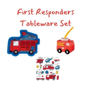 First Responders Tableware Set | Firetruck Shaped Plates | Fire Truck Sippy Cup | Luncheon Napkins | Firetruck Birthday Decor |Fireman Theme