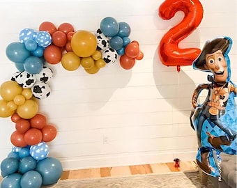Retro Toy Story Balloon Garland | Muted Cow Boy Balloon Arch, Cow Print Balloons, Farm Animal Theme, First Rodeo, Wild West Birthday, Cowboy