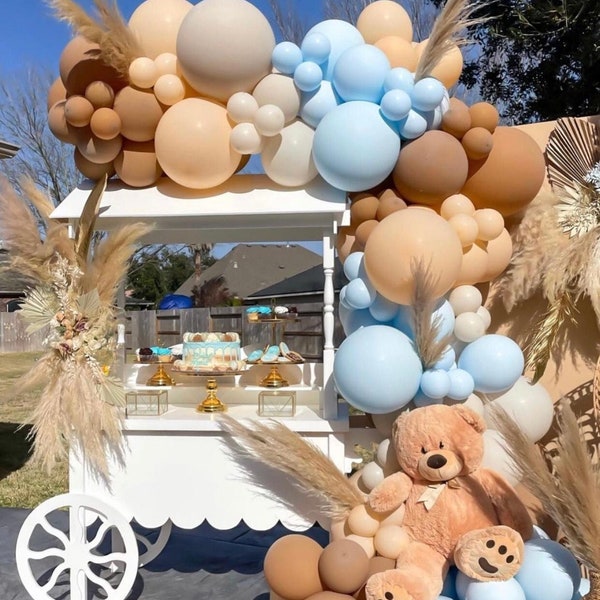 Boho Blue Teddy Bear Cream Peach Coffee Brown Balloon Garland Kit | Oh Boy It's a Boy Baby Shower Decor | 1st Birthday Decor | Matte Balloon