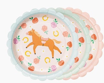 Assiettes en papier cheval, vaisselle poney, thème chevaux et fleurs, premier anniversaire de bébé fille, fête de poney, assiettes en papier pour enfants, articles de fête, anniversaire des enfants
