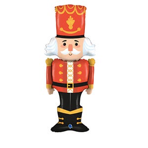 May include: A red and gold Nutcracker balloon. The balloon depicts a Nutcracker soldier with a red hat, jacket, and black trousers. The balloon is designed to stand upright and is ideal for festive holiday decorations.