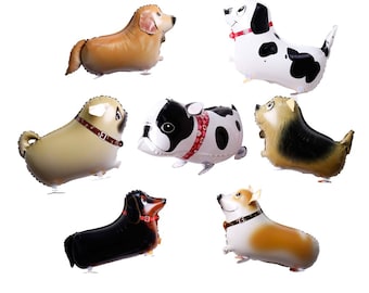 May include: Seven different dog balloon designs. The balloons are all in various poses and feature different breeds of dogs, including a pug, a dachshund, a bulldog, a corgi, a golden retriever, a dalmatian, and a terrier.