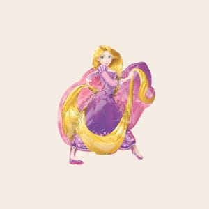 May include: A foil balloon shaped like a cartoon character with long blonde hair, wearing a purple dress with pink accents. The character is depicted in a dynamic pose, holding sections of hair that drape around the body, set against a solid background.