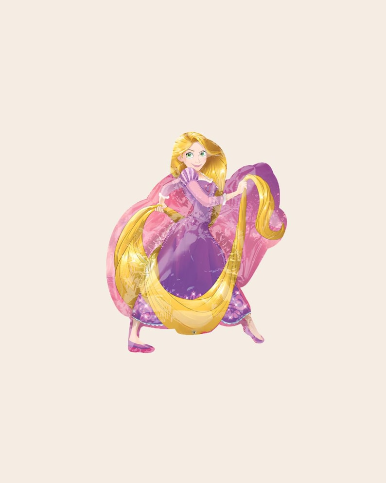 May include: A foil balloon shaped like a cartoon character with long blonde hair, wearing a purple dress with pink accents. The character is depicted in a dynamic pose, holding sections of hair that drape around the body, set against a solid background.