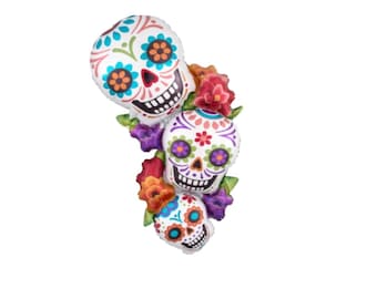 38" Sugar Skulls Foil Balloon, Día De Los Muertos, Halloween Party Decor, Spooky Day of the Dead Mexican Celebration Skeleton