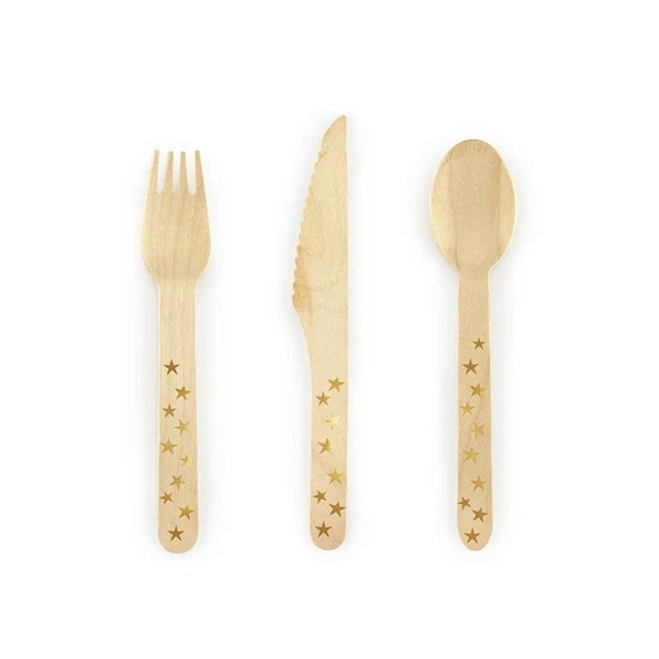 Wooden Cutlery with Gold Stars | Disposable Wooden Cutlery | Twinkle Twinkle Little Star Baby Shower | Gold Tableware |Space Themed Birthday