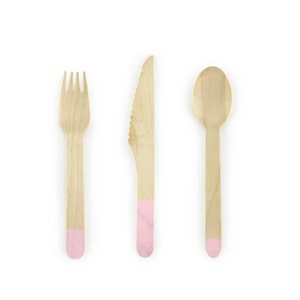 Wooden Cutlery with Light Pink Print | Disposable Wooden Cutlery | Pastel Pink Wooden Cutlery  | Pink Tableware | Set of 18 | Girls Birthday