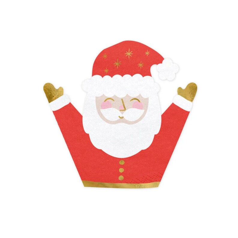 May include: Red and gold foil Santa Claus napkin with a white beard and a red hat with gold stars.