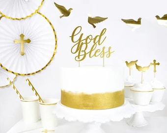 Gold God Bless Cake Topper | Baby Dedication | Gold Baptism Tableware | Christening Decor | Communion Decor |  First Communion Cake Topper