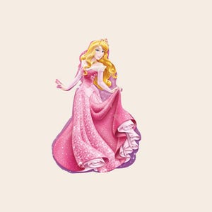 May include: A cartoon illustration of a character with long blonde hair wearing a pink gown with white off-the-shoulder sleeves and a gold tiara. The dress features a glittery texture, intricate white patterns, and a full, flowing skirt.