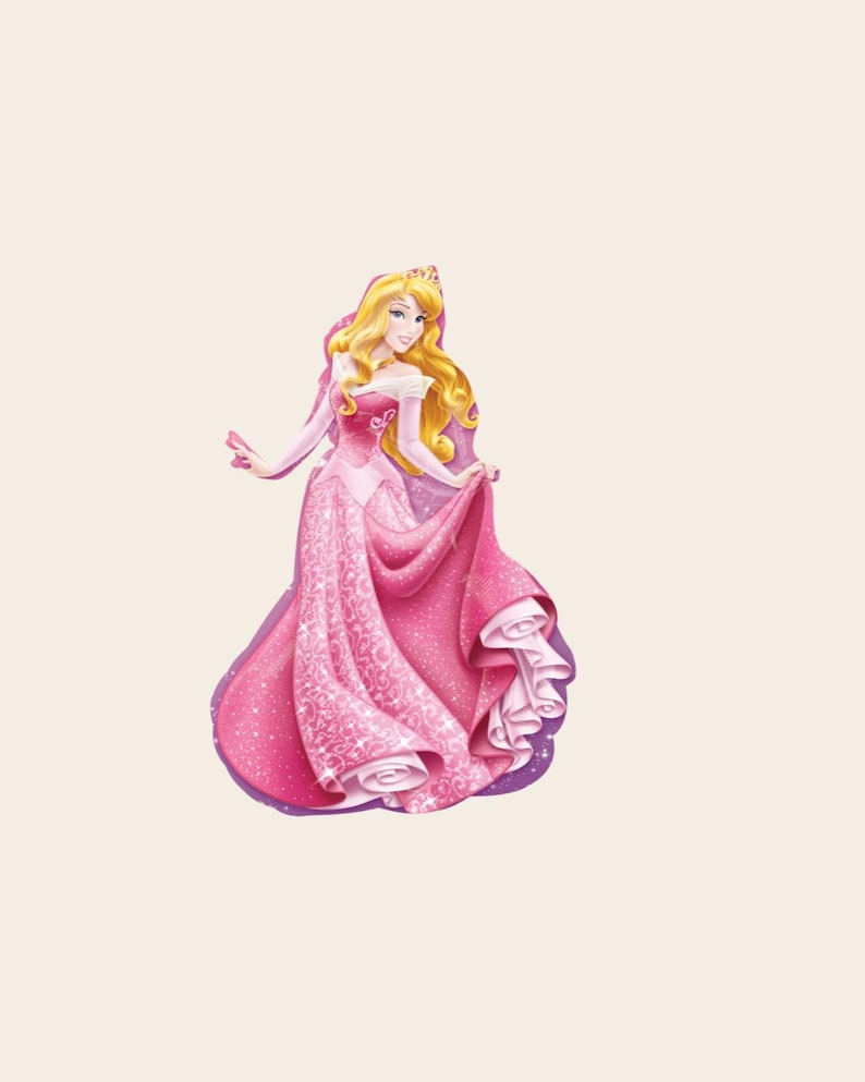 May include: A cartoon illustration of a character with long blonde hair wearing a pink gown with white off-the-shoulder sleeves and a gold tiara. The dress features a glittery texture, intricate white patterns, and a full, flowing skirt.