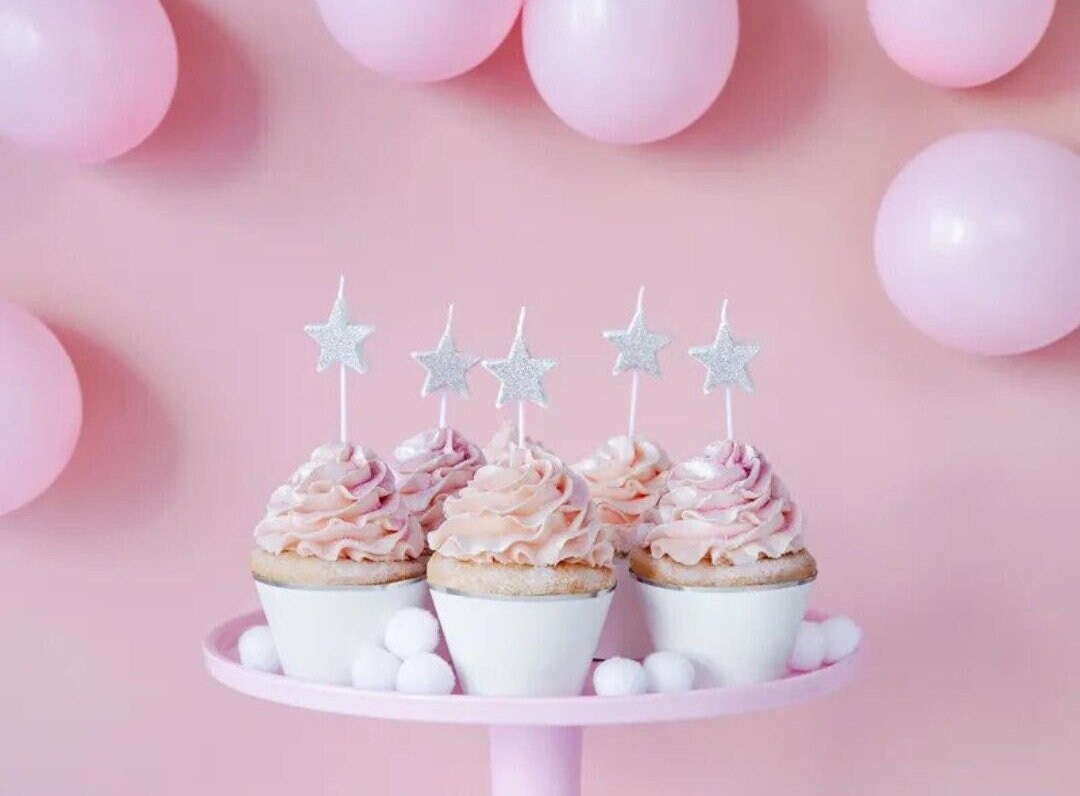 Silver Star Candles 5ct | Birthday Candles | Twinkle Twinkle Little Star Party Decor | Outer Space Birthday Party | Silver Star Cake Toppers