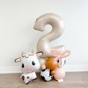 Peut inclure: Une composition de ballons festive avec un grand chiffre 2 de couleur neutre, un ballon en forme de vache de dessin animé et un groupe de ballons roses, marron et noir et blanc. Le ballon vache a une couronne florale.