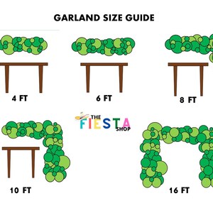 May include: A guide showing different sizes of green balloon garlands for decorating tables and arches. The garlands are made of green and light green balloons. The sizes are 4 feet, 6 feet, 8 feet, 10 feet, and 16 feet.