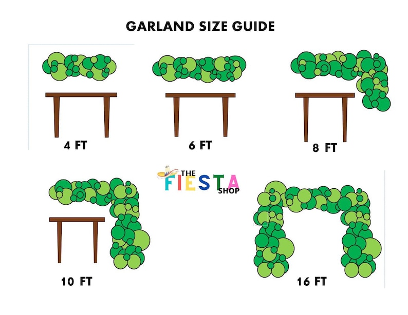 May include: A guide showing different sizes of green balloon garlands for decorating tables and arches. The garlands are made of green and light green balloons. The sizes are 4 feet, 6 feet, 8 feet, 10 feet, and 16 feet.