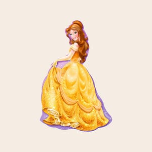 May include: A die-cut sticker featuring a cartoon character with long brown hair styled in a half-up ponytail. The character wears a yellow off-the-shoulder ball gown with a textured rose pattern and a purple outline border around the entire figure.