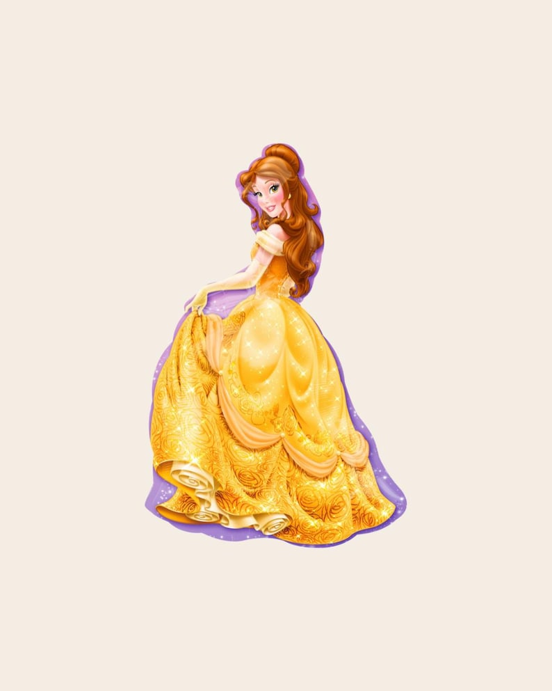 May include: A die-cut sticker featuring a cartoon character with long brown hair styled in a half-up ponytail. The character wears a yellow off-the-shoulder ball gown with a textured rose pattern and a purple outline border around the entire figure.