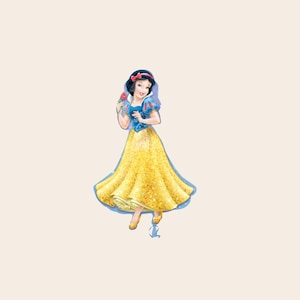May include: A foil balloon shaped like the character Snow White, featuring a black bob hairstyle with a red bow, a blue bodice with puffed sleeves, and a long, flowing yellow skirt with a subtle glittery pattern, holding a small red rose.
