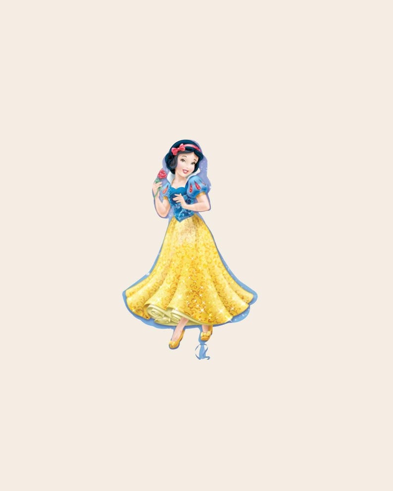 May include: A foil balloon shaped like the character Snow White, featuring a black bob hairstyle with a red bow, a blue bodice with puffed sleeves, and a long, flowing yellow skirt with a subtle glittery pattern, holding a small red rose.