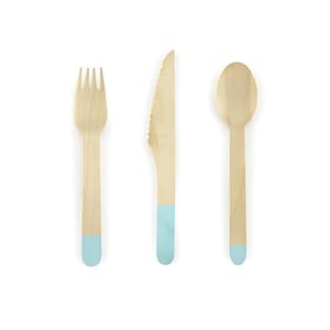 May include: A set of disposable wooden cutlery, including a fork, knife, and spoon. The fork has four tines, the knife has a serrated edge, and the spoon is oval-shaped. Each utensil has a light blue painted handle end. The cutlery is arranged on a white background.