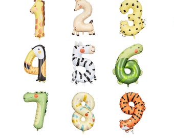 Large Animal Number Foil Balloons | Animal Birthday Balloons | Safari Birthday Decor | Kids Jungle Birthday Party Decorations | 1-9 Balloons