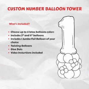 Peut inclure: Illustration en noir et blanc d'une tour de ballons en forme de chiffre un. Le texte en haut indique "CUSTOM NUMBER BALLOON TOWER". Le texte ci-dessous énumère ce qui est inclus : ballons en latex, ballons de 5" et 11", un ballon géant en aluminium, des ballons torsadés, des points de colle et des instructions vidéo.