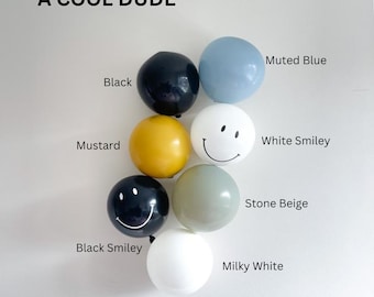 May include: A collection of balloons in various colors and designs, including black, mustard yellow, muted blue, stone beige, white, and black smiley faces. The text "A COOL DUDE" is at the top of the image.