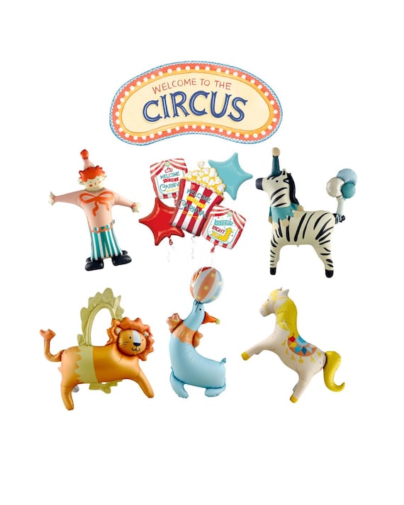 Vintage Circus Theme Balloons, Carnival Birthday Decor, Circus Carousel Animals Baby Shower, Lion, Seal, Zebra, Clown, Horse Popcorn Bouquet