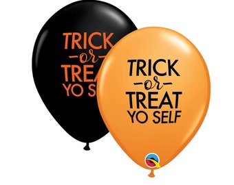11'' Trick or Treat Yo Self Printed Air Balloons, Halloween Themed Printed Large Latex Balloons, Black Orange Halloween Party Decoration