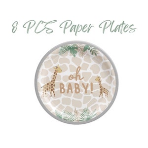 May include: A set of 8 paper plates featuring a giraffe print with the text "oh baby!" in brown lettering. The plates are white with a light brown giraffe print and green leaves.